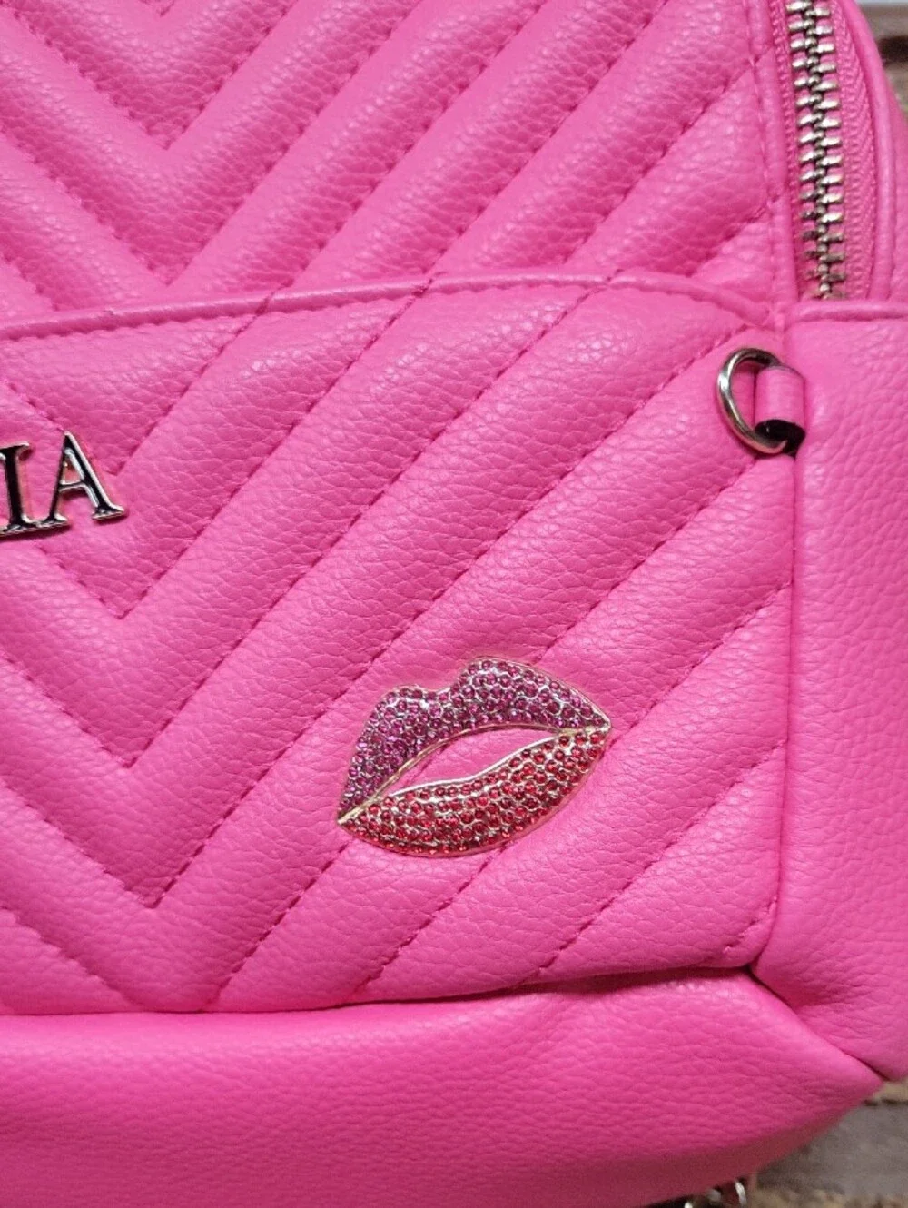 Victoria's Secret Hot Pink Quilted Mini Backpack Lip Patch Safety Pin & Logo - Picture 4 of 12